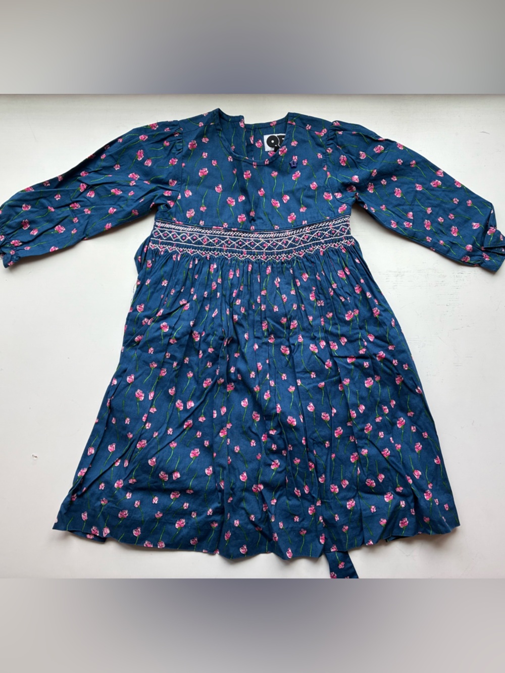 Girls' Teal Floral Long-Sleeve Dress with Smocked Waist
